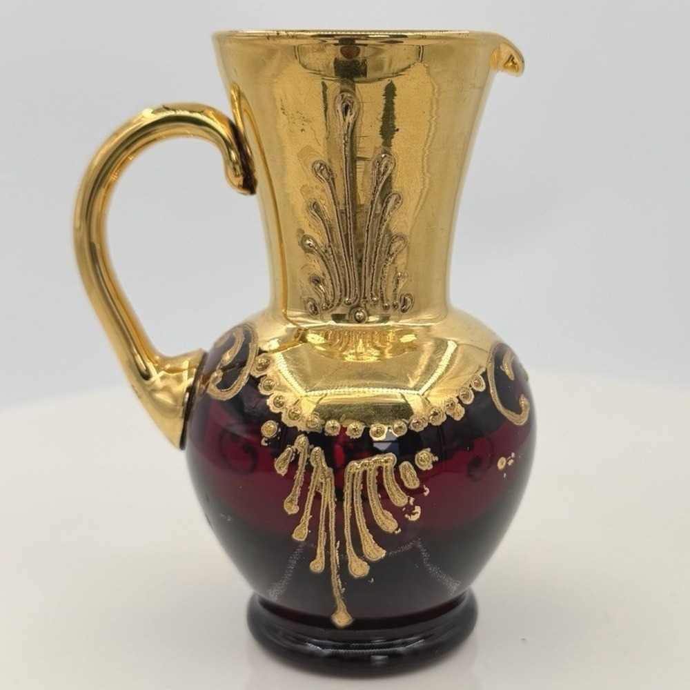 Vintage Murano Tre Fuochi Ruby Red Gold Miniature Pitcher Hand Painted 4" - Picture 5 of 11